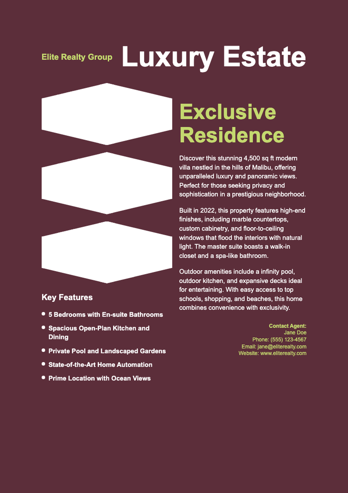 Real estate house for sale flyer with hexagonal photo layout and maroon green design_variant_3